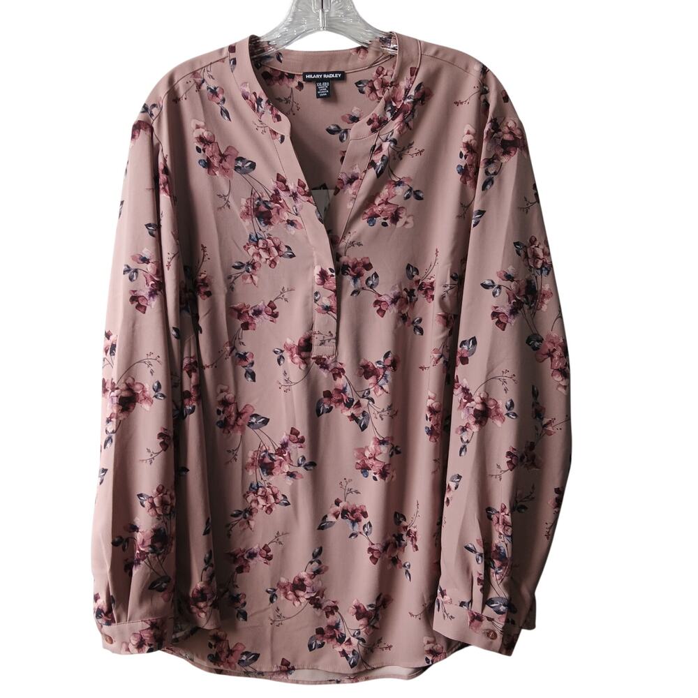 Hilary Radley  Tunic Top Women's XXL Mauve Floral Long Sleeve V-Neck Placket